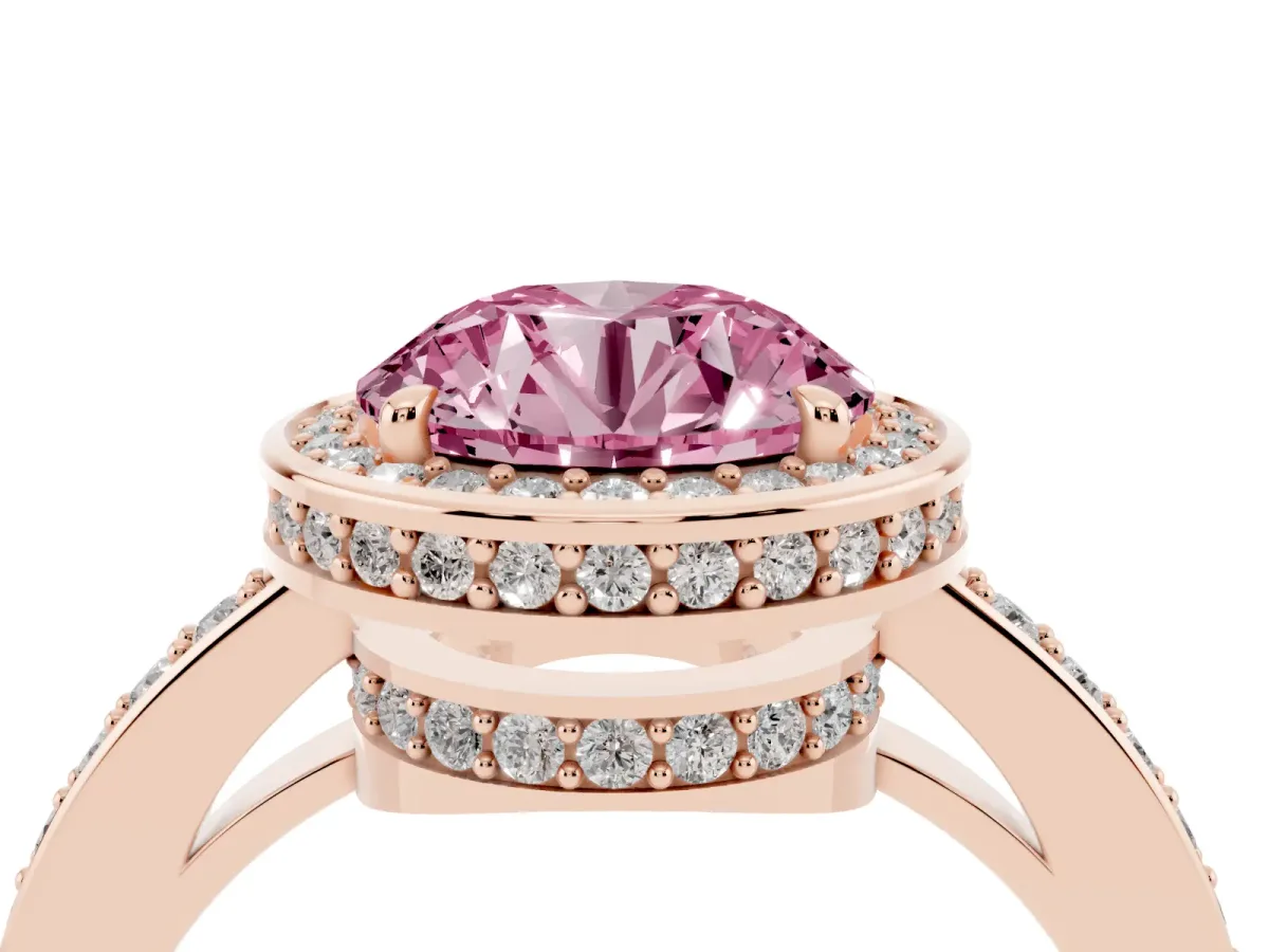 Fancy Pink Round Cut Halo Pave Band Solitaire Ring with Prong Setting Rose gold