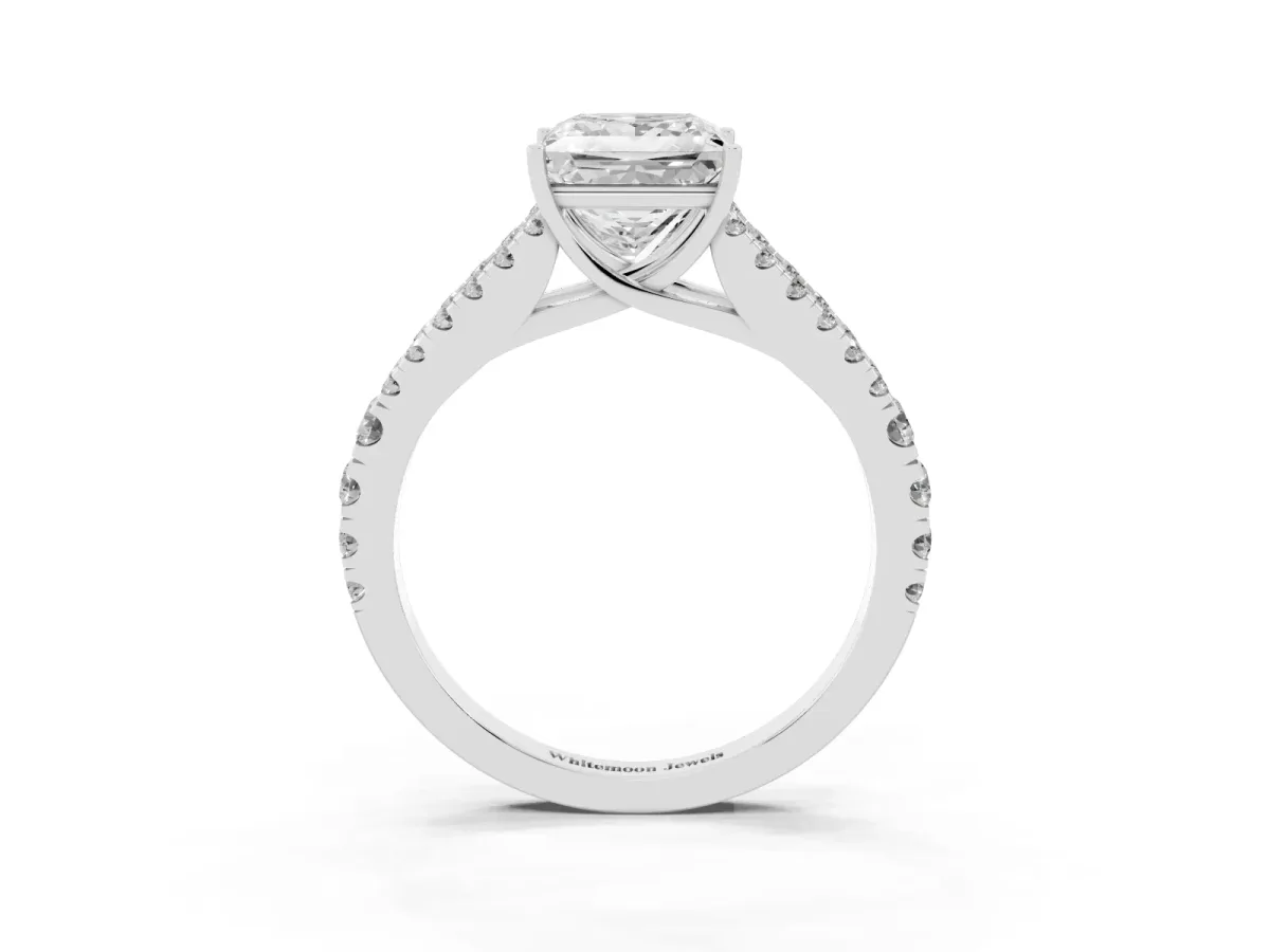 Princess Cut Diamond Split Shank Pavé Engagement Ring with Four-Prong Setting White gold