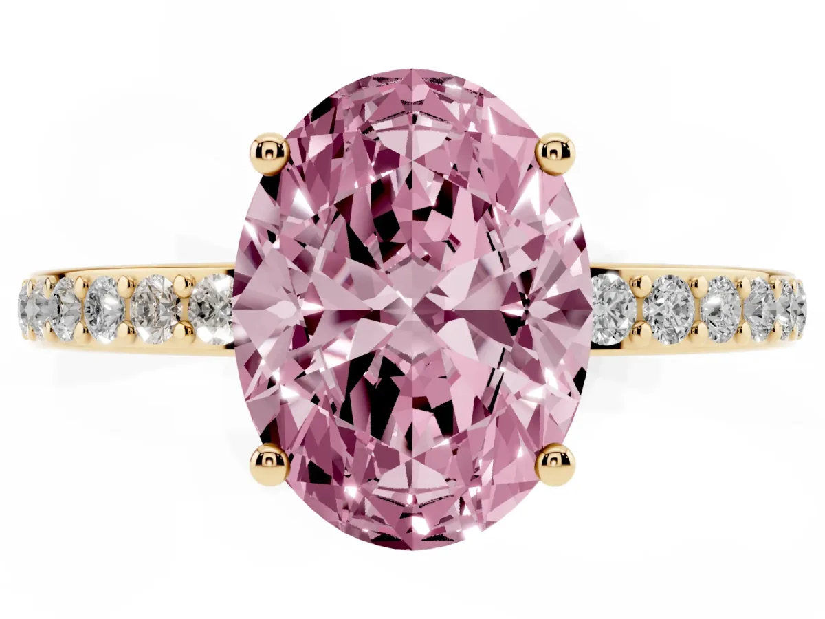 Fancy Pink Oval Cut Cut Diamond Pavé Band Ring with Four-Prong Setting Yellow gold