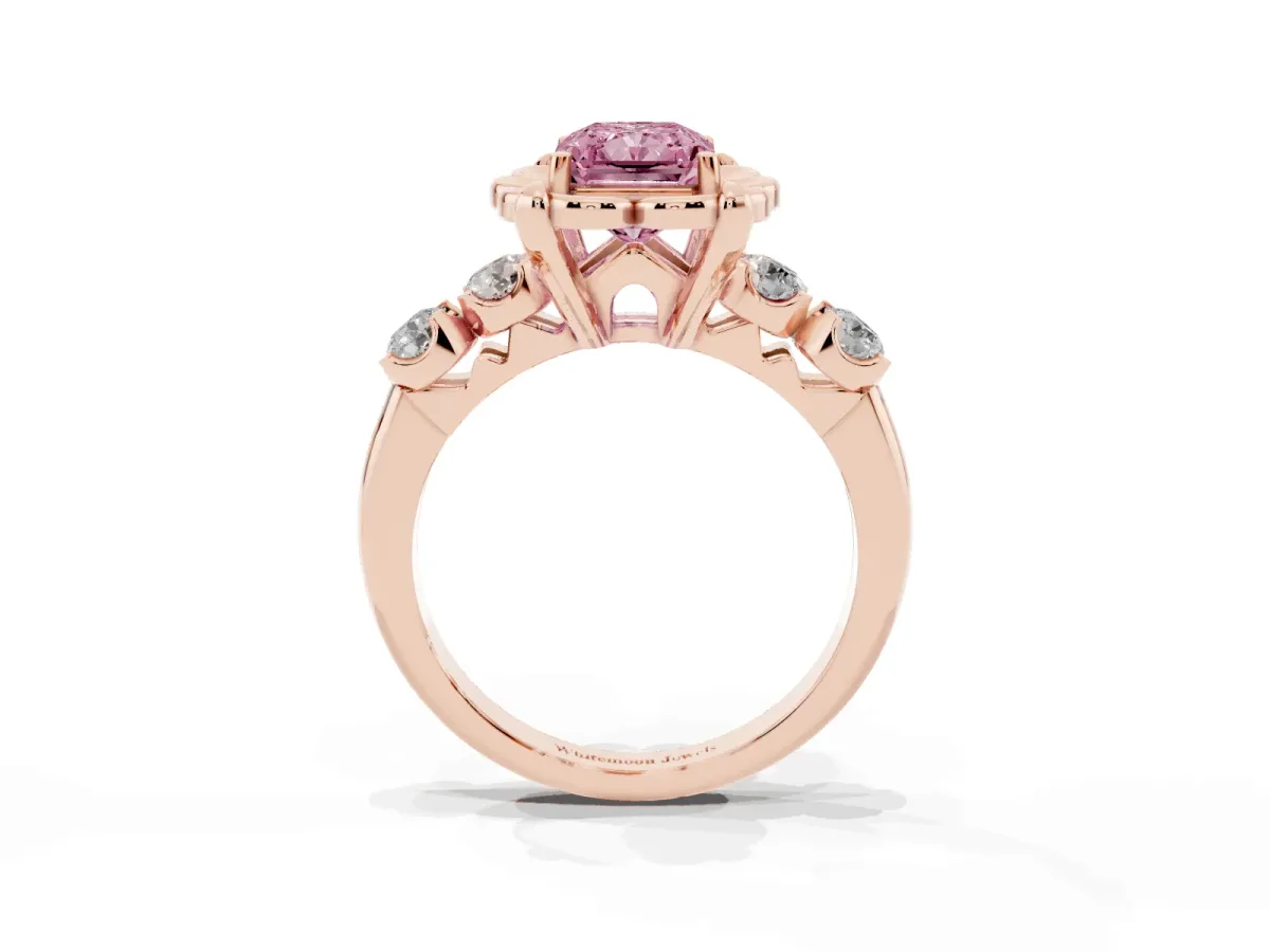 Fancy Pink Radiant Cut Cut Diamond Floral Halo Engagement Ring with Shared Prong Setting Rose gold