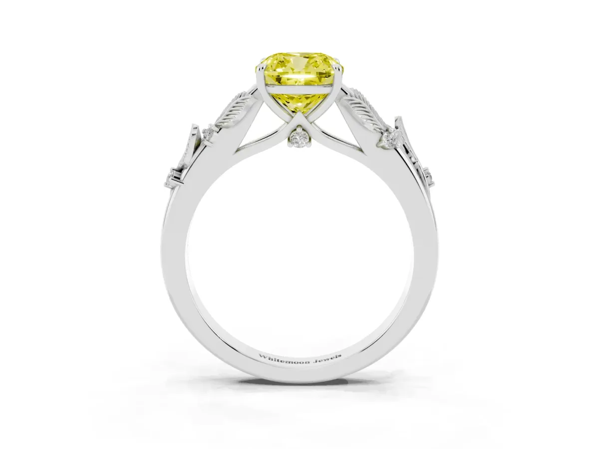 Fancy Yellow Cushion Cut Diamond Solitaire Ring with Leaf Motif Band and Four-Prong Setting Platinum