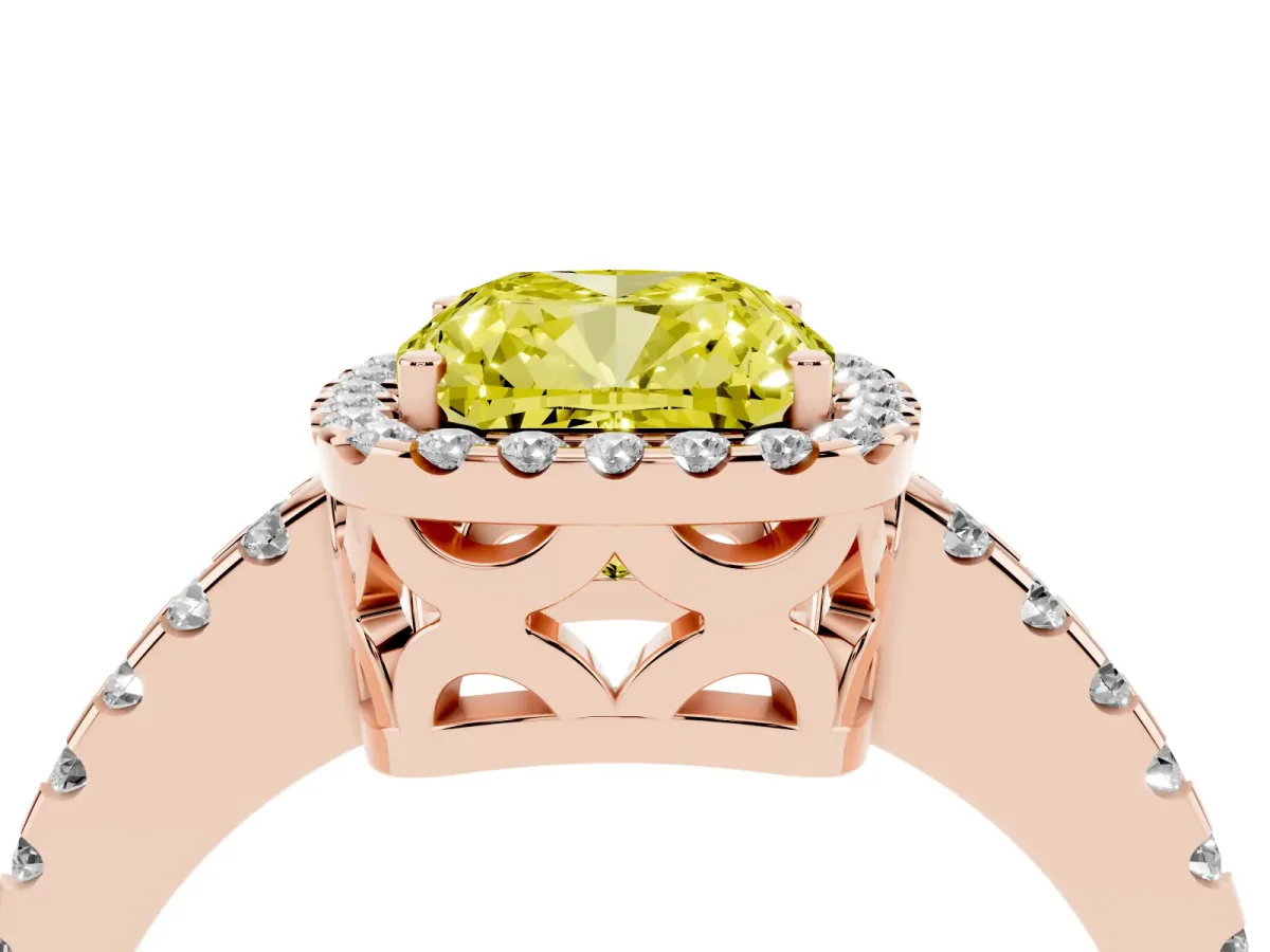 Fancy Yellow Cushion Cut Diamond Halo Engagement Ring with Pavé Band and Prong Setting Rose gold