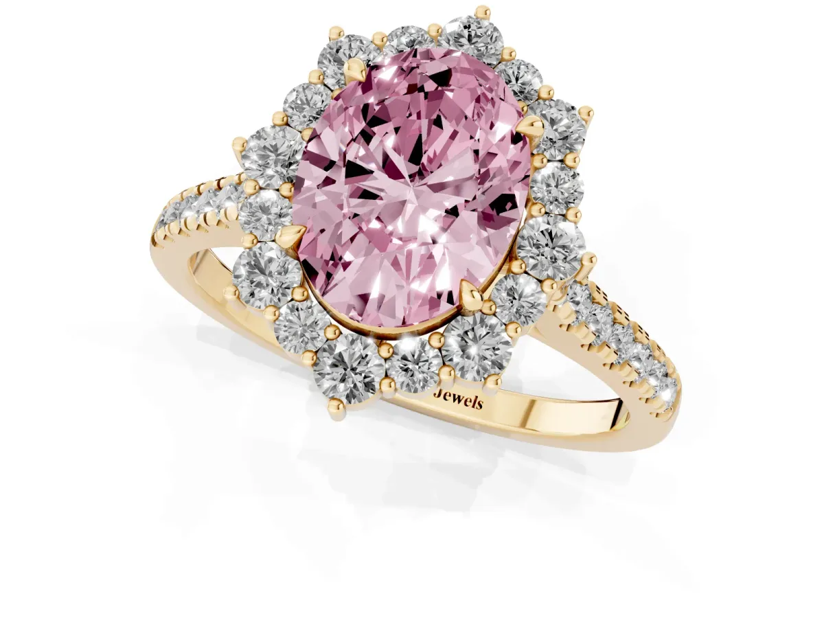 Fancy Pink Oval Cut Halo Diamond Ring with Pavé Band and Prong Setting Yellow gold