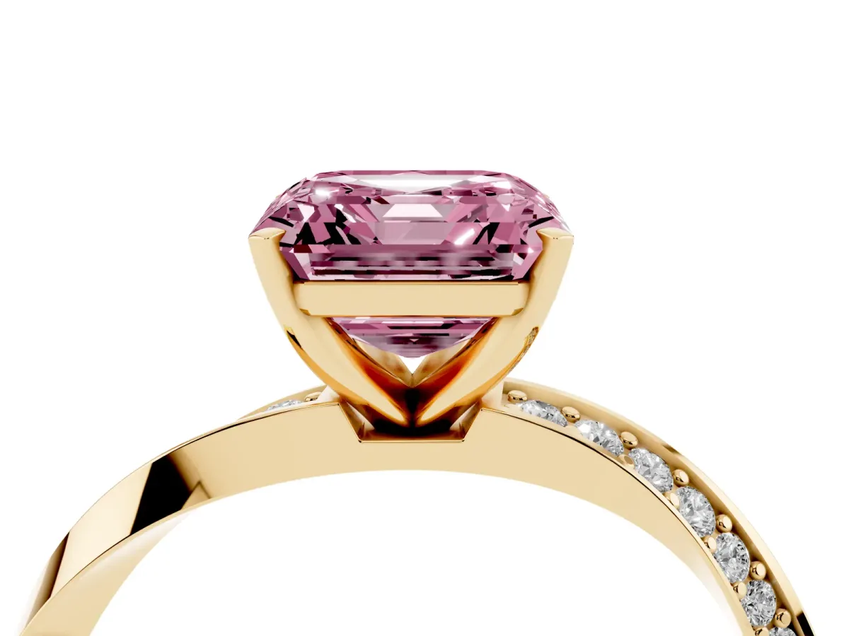 Fancy Pink Asscher Cut Diamond Engagement Ring with Side Stone Accents and Four-Prong Setting Yellow gold