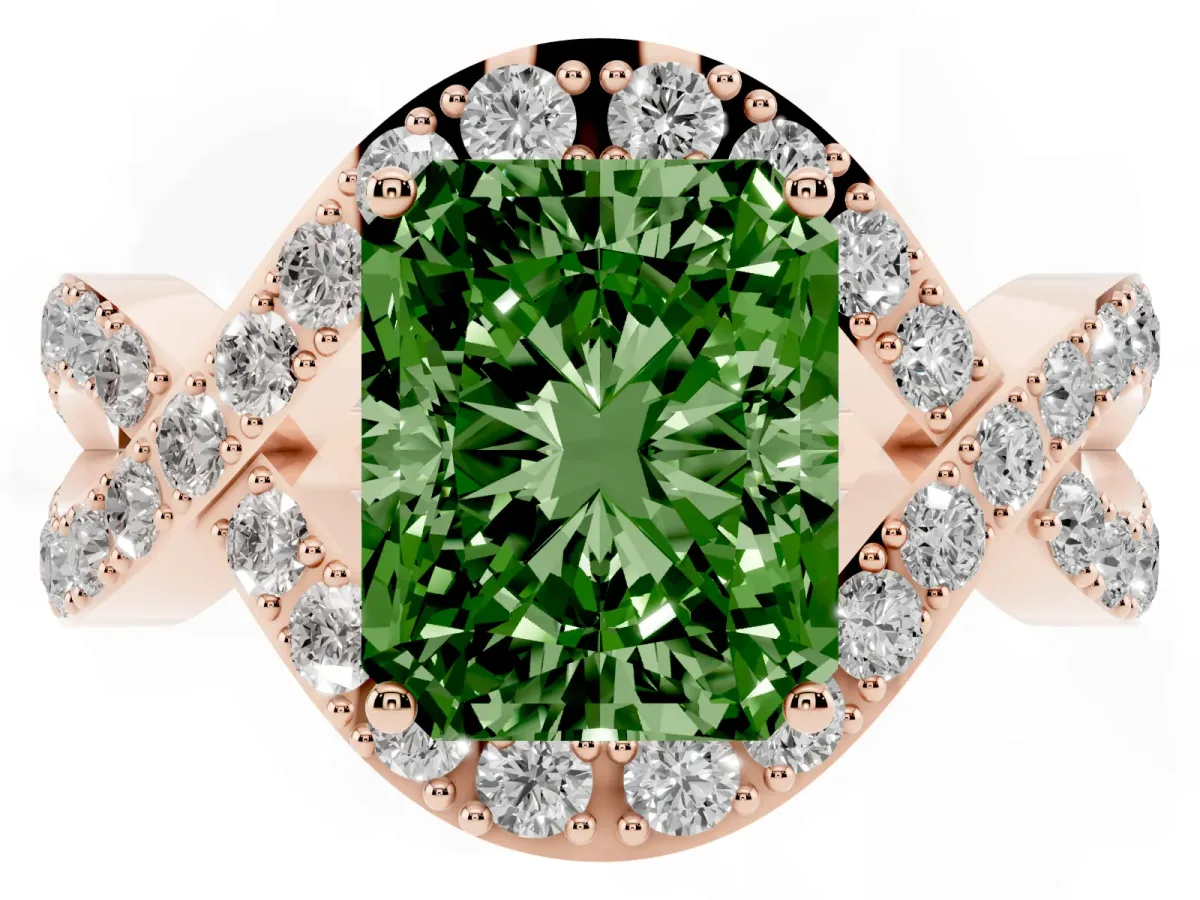Fancy Green Radiant Cut Solitaire Twist Band Pavé Diamond Engagement Ring Rose gold