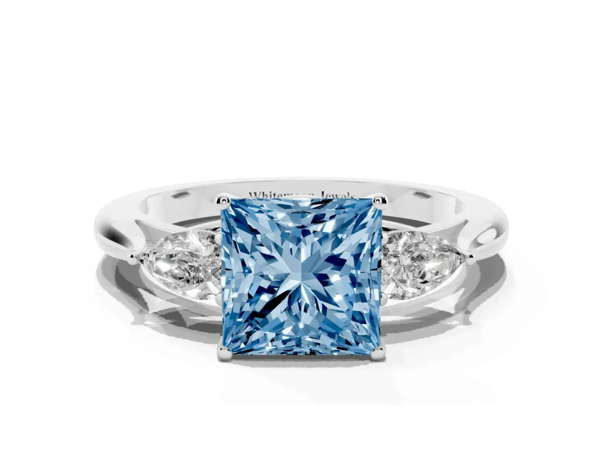 Fancy Blue Princess Cut Diamond Three-Stone Ring with Pear Side Stones and Prong Setting Silver