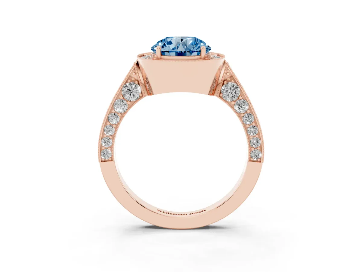 Fancy Blue Round Cut Halo Diamond Engagement Ring with Split Shank Band and Four-Prong Setting Rose gold