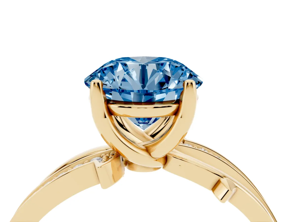 Fancy Blue Round Cut Solitaire Twist Band with Pavé Accents and Four-Prong Setting Yellow gold