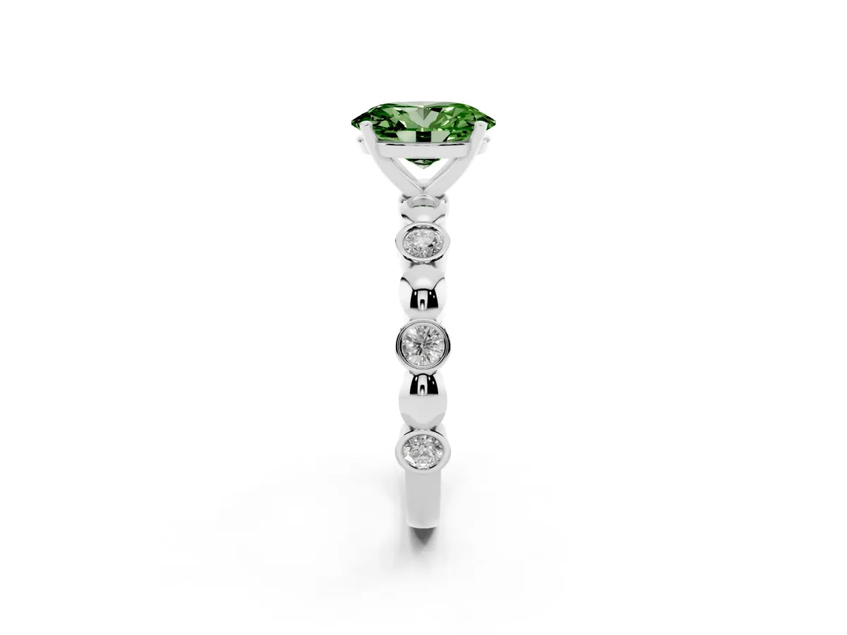 Fancy Green Oval Cut Solitaire Bezel-Set Diamond Ring with Beaded Band and Four-Prong Setting Silver