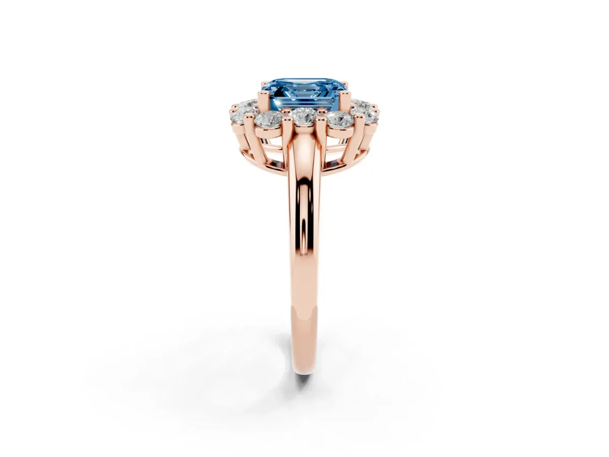 Fancy Blue Asscher Cut Halo Cluster Diamond Engagement Ring with Prong Setting and Polished Band Rose gold