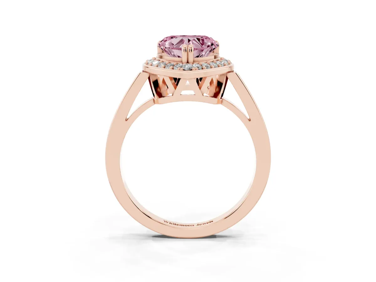 Fancy Pink Heart Cut Diamond Halo Ring with Split Shank and Four-Prong Setting Rose gold