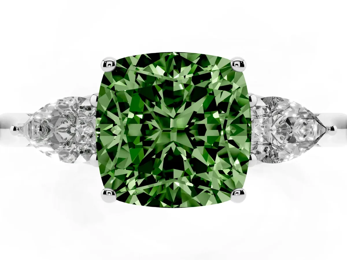 Fancy Green Three-Stone Cushion Cut Brilliant Diamond Solitaire Ring with Tapered Band and Four-Prong Setting Silver