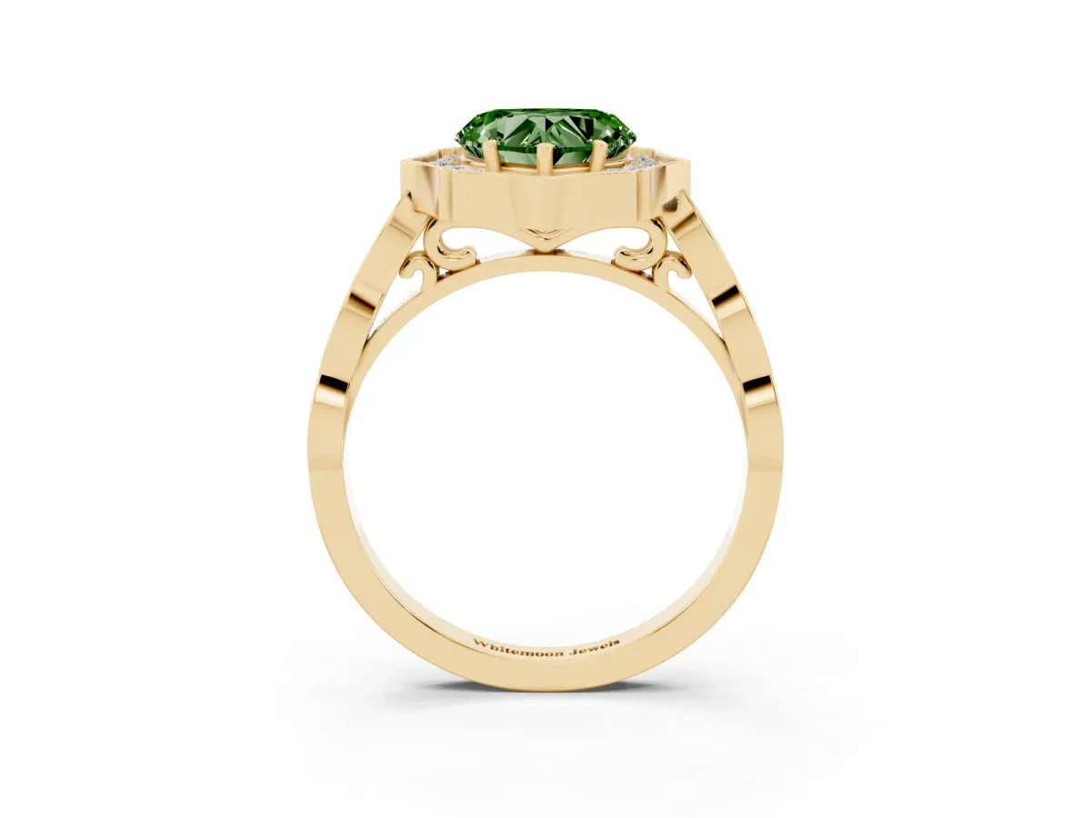 Fancy Green Heart Cut Halo Diamond Engagement Ring with Milgrain Band and Four-Prong Setting Yellow gold