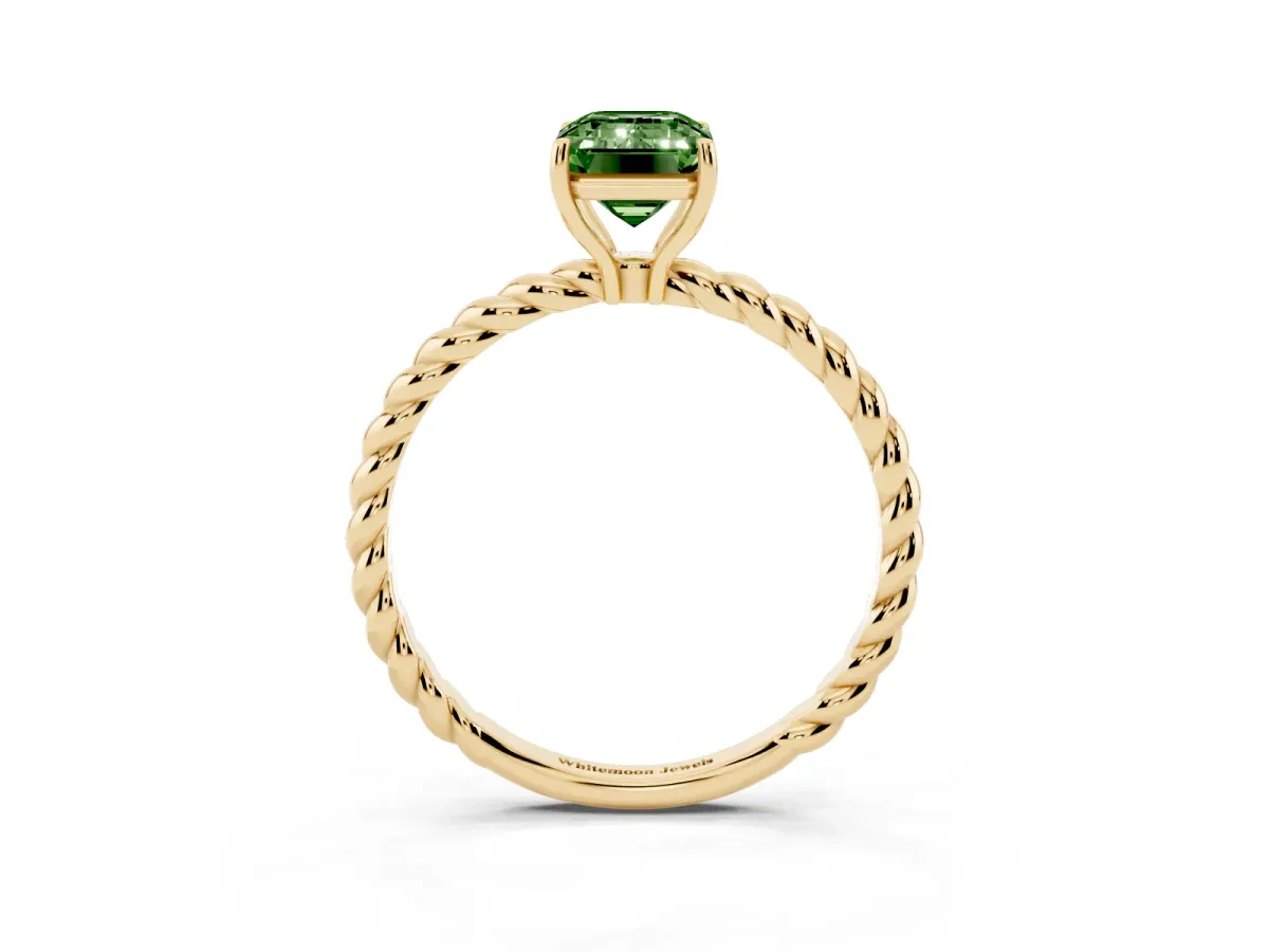 Fancy Green Emerald Cut Solitaire Twisted Band 4-Prong Ring Yellow gold