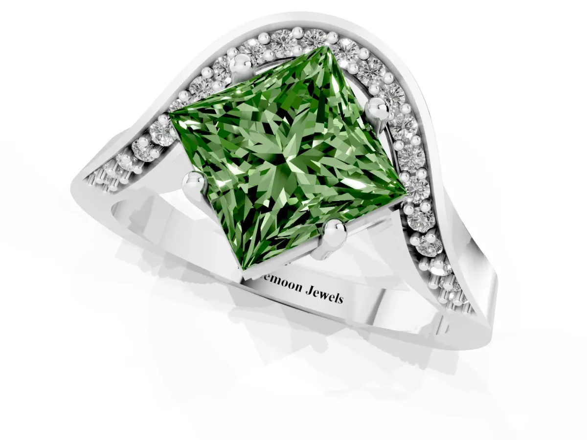 Fancy Green Princess Cut Solitaire Diamond Engagement Ring with Pave Band and Four-Prong Setting White gold