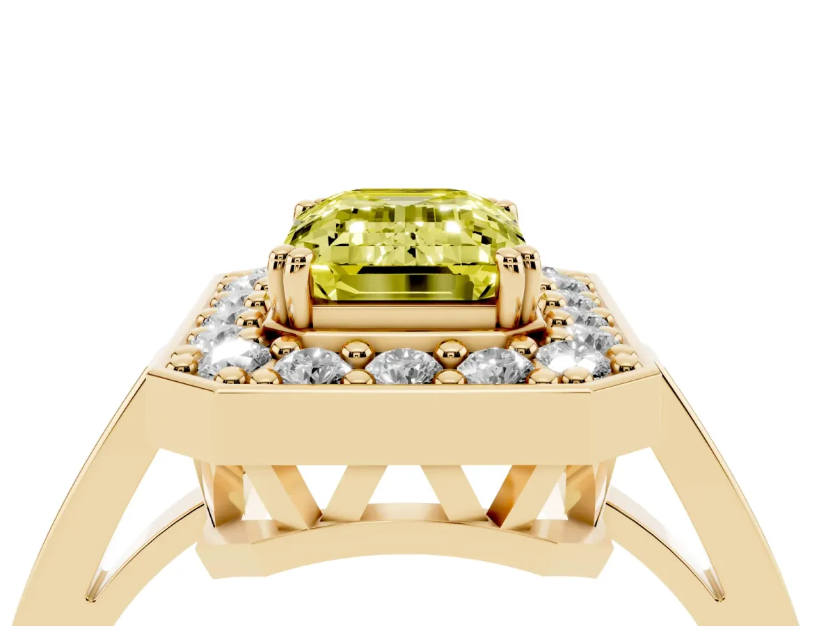 Fancy Yellow Emerald Cut Diamond Halo Ring with Split Shank and Four-Prong Setting Yellow gold