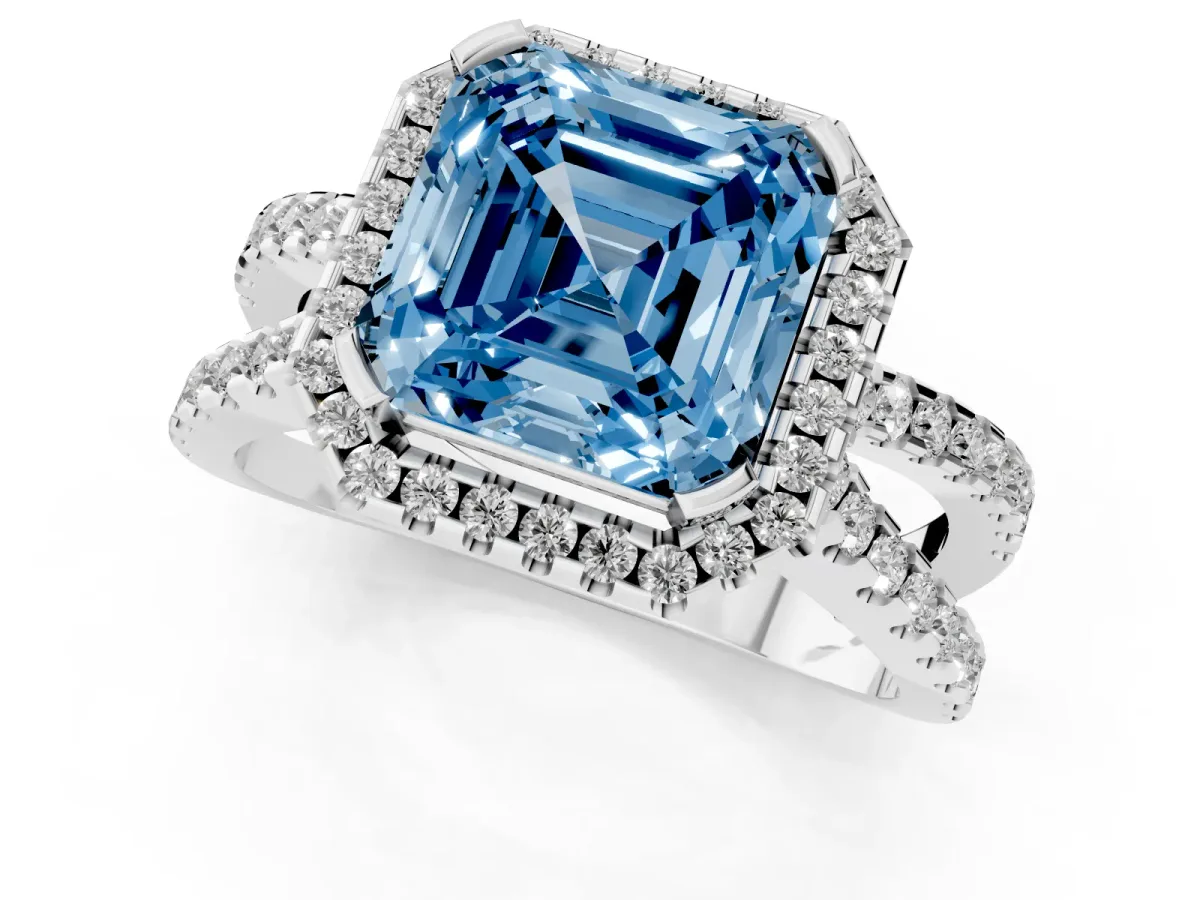 Fancy Blue Asscher Cut Diamond Halo Ring with Split Shank Pavé Band and Prong Setting Silver