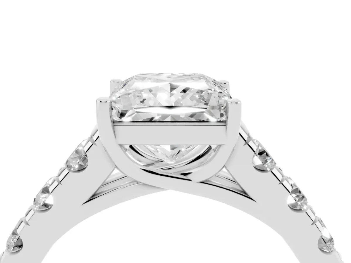 Princess Cut Cut Diamond Solitaire Ring with Micro Pave Band and Prong Setting Silver