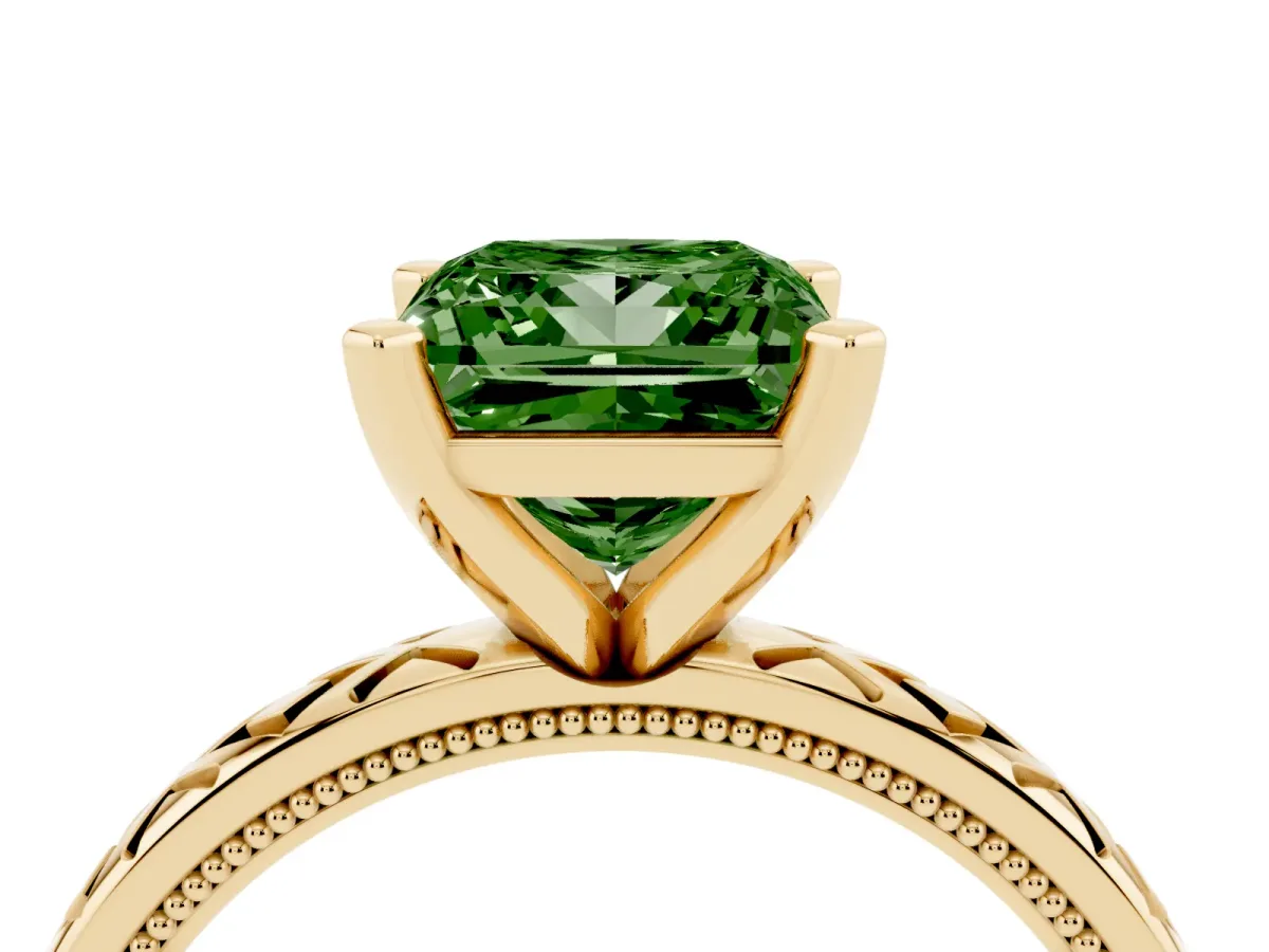 Fancy Green Princess Cut Solitaire Diamond Ring with Milgrain and Black Enamel X Pattern Band Yellow gold
