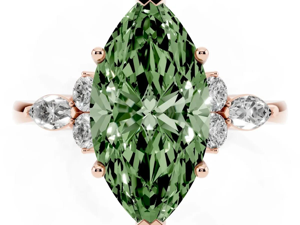 Fancy Green Marquise Cut Brilliant Diamond Solitaire Ring with Pear Side Stones and Four-Prong Setting Rose gold