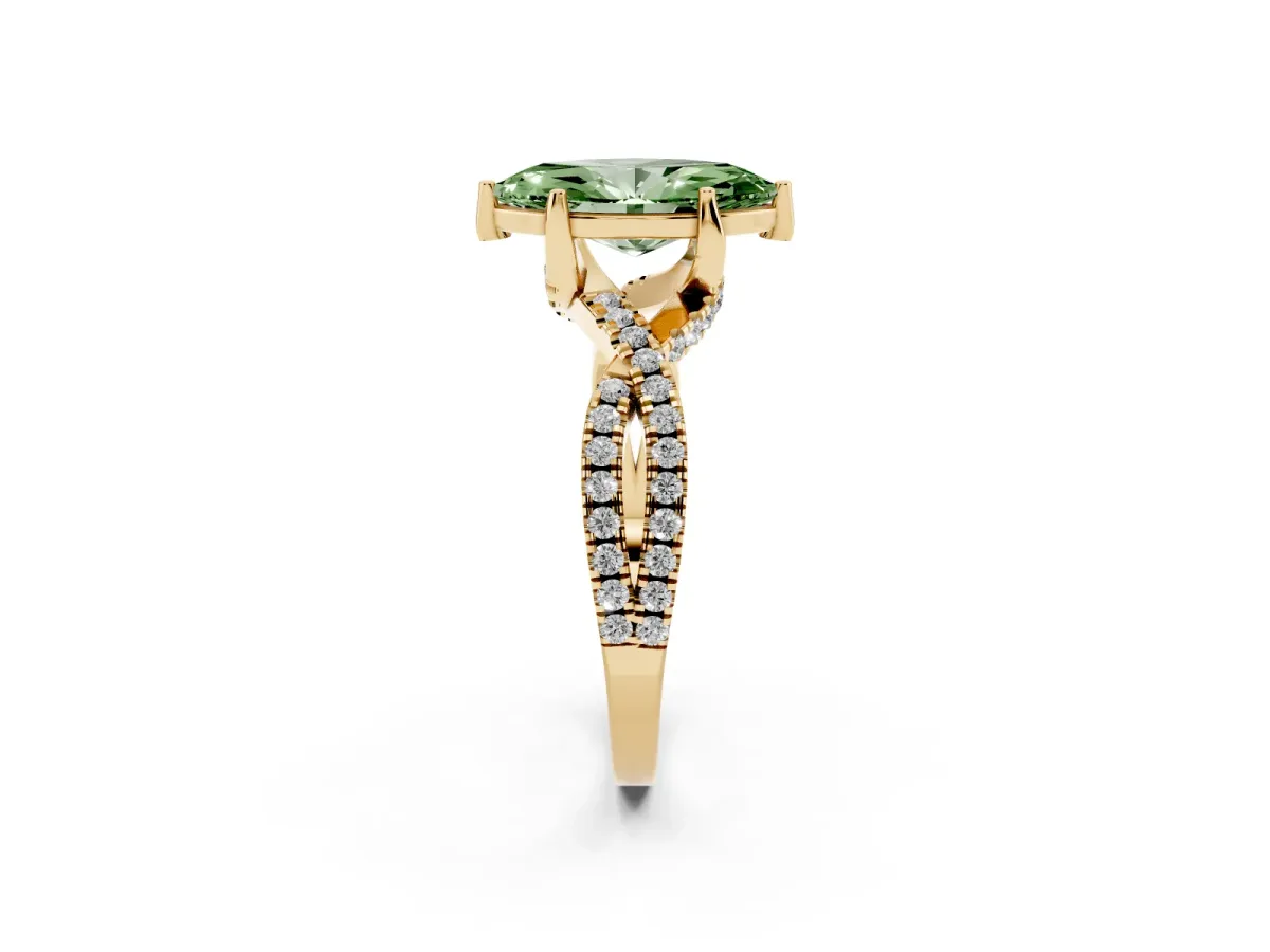 Fancy Green Marquise Cut Solitaire Twist Pave Diamond Engagement Ring with Prong Setting Yellow gold