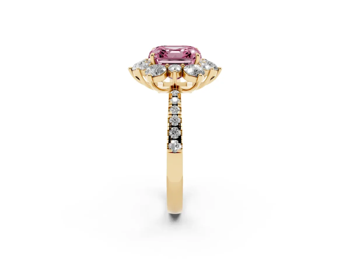 Fancy Pink Asscher Cut Diamond Floral Halo Ring with Round Pavé Band and Prong Setting Yellow gold
