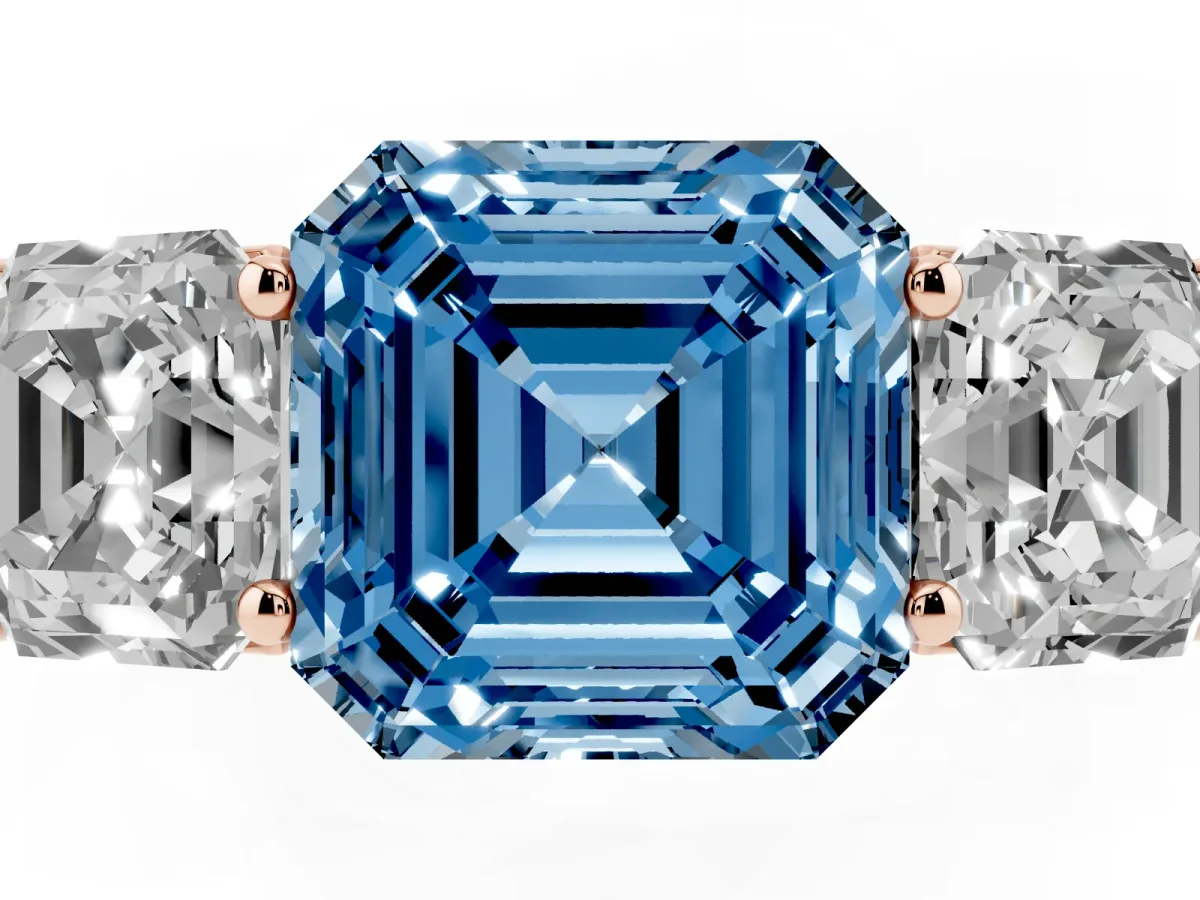 Fancy Blue Asscher Cut Three-Stone Diamond Ring with Prong Setting on a Classic Band Rose gold