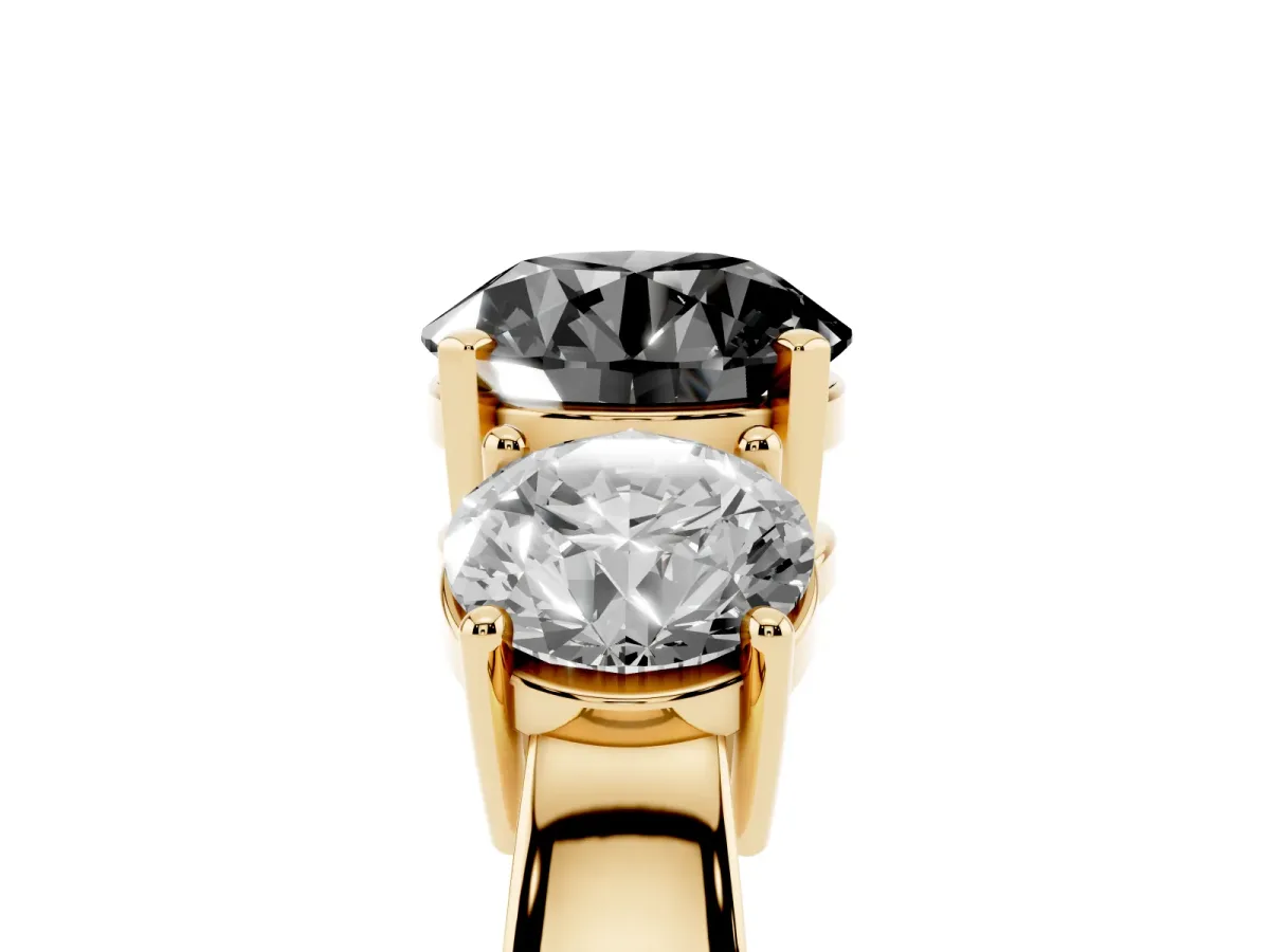 Fancy Black Three-Stone Round Cut Diamond Ring with Round Side Stones, Classic Band, and Four-Prong Setting Yellow gold