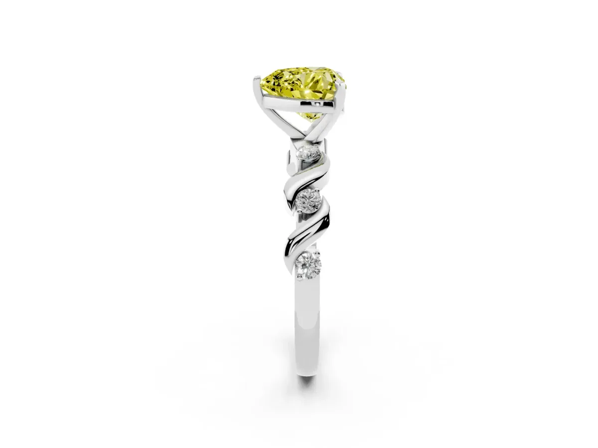 Fancy Yellow Heart Cut Diamond Solitaire Twisted Band with Round Accents and Prong Setting White gold
