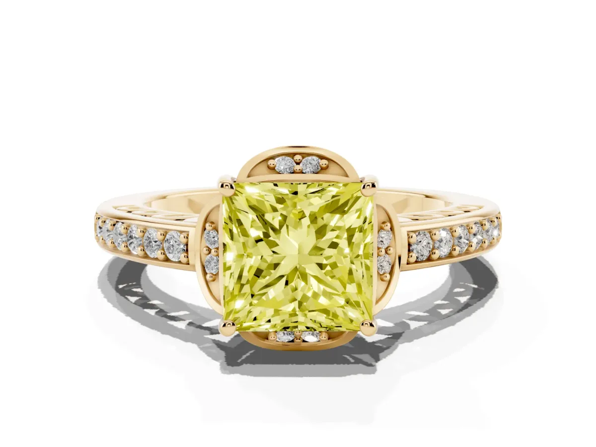 Fancy Yellow Princess Cut Cut Halo Diamond Ring with Channel Set Band and Four-Prong Setting Yellow gold