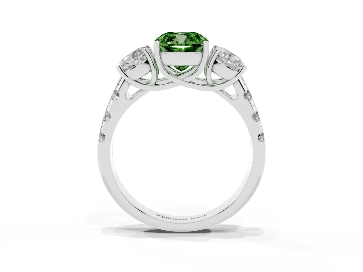 Fancy Green Three-Stone Cushion Cut Diamond Pavé Band with Prong Setting Silver
