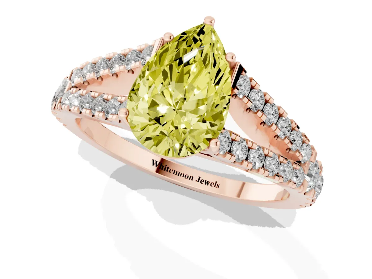 Fancy Yellow Pear Cut Diamond Split Shank Pavé Engagement Ring with Four-Prong Setting Rose gold