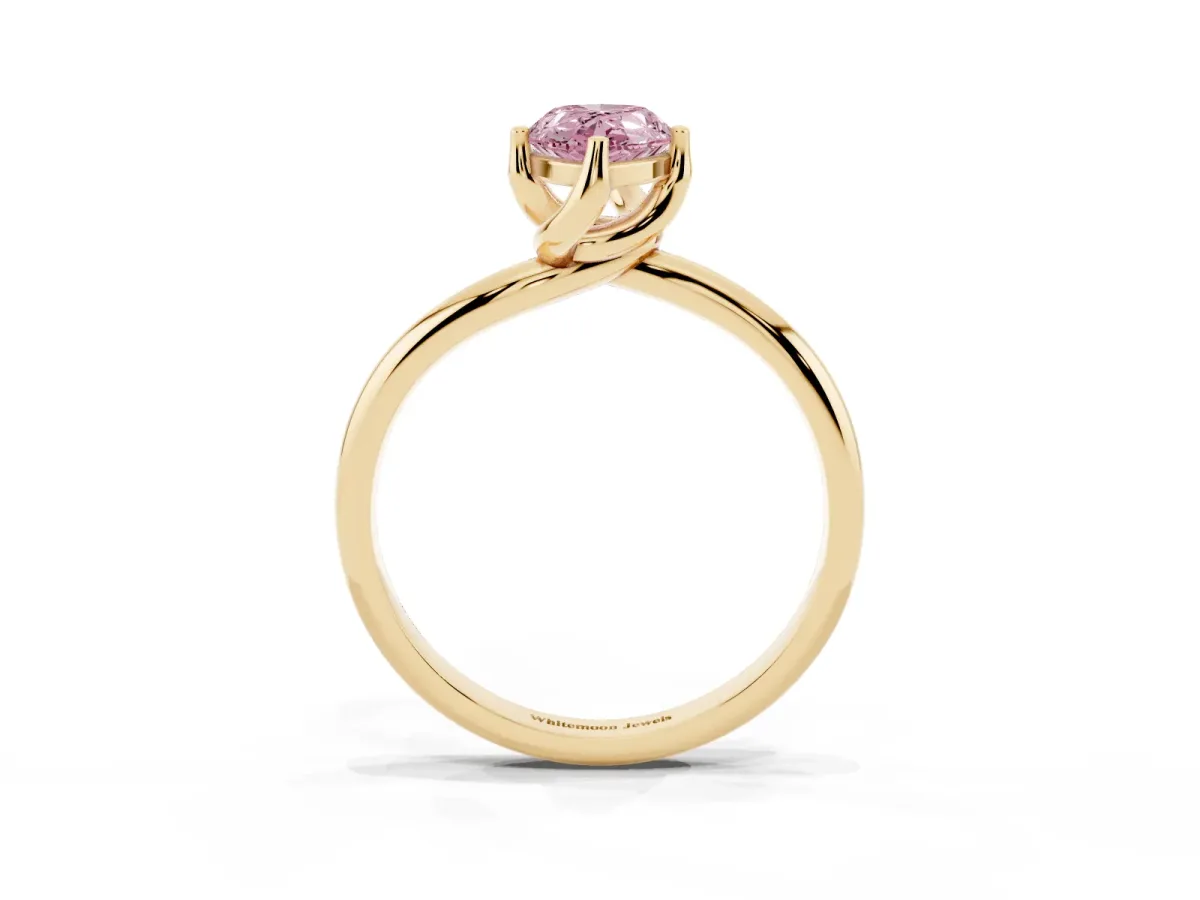 Fancy Pink Pear Cut Diamond Solitaire Engagement Ring with Four-Prong Setting and Classic Band Yellow gold