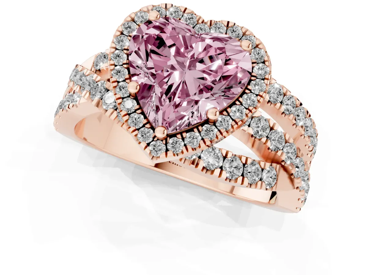 Fancy Pink Heart Cut Diamond Halo Ring with Round Split Shank and Prong Setting Rose gold