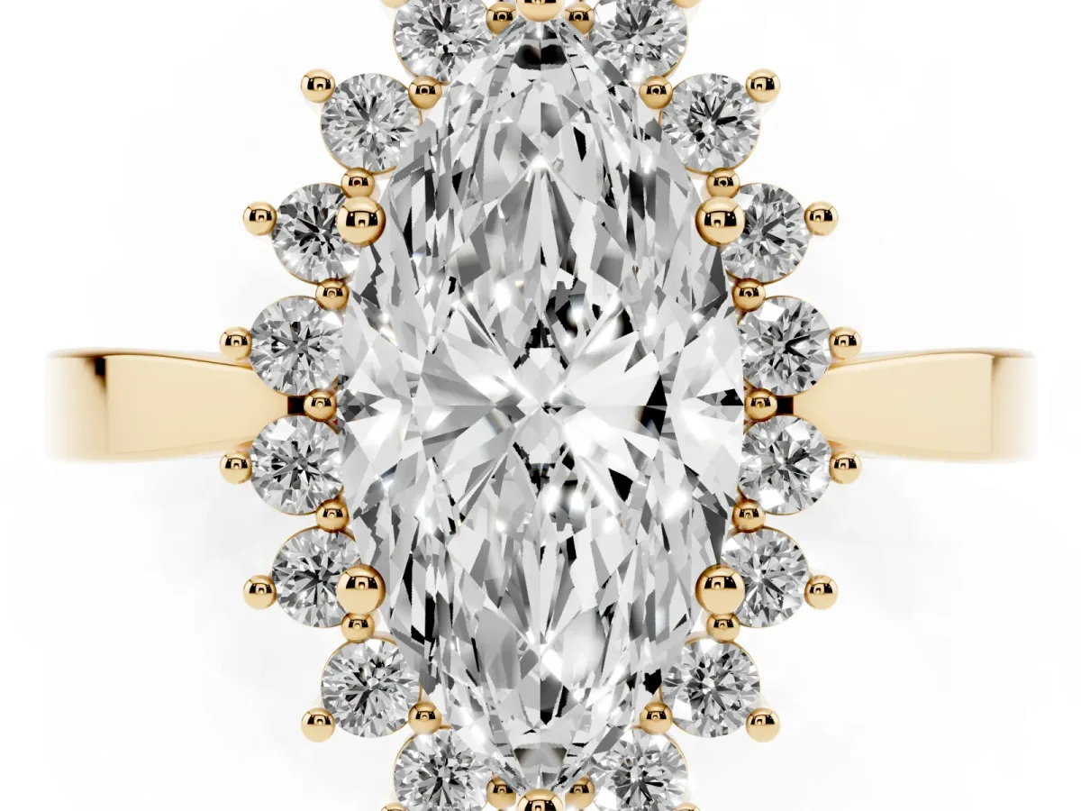 Marquise Cut Cut Diamond Halo Ring with Round Brilliant Halo and Solitaire Band Yellow gold