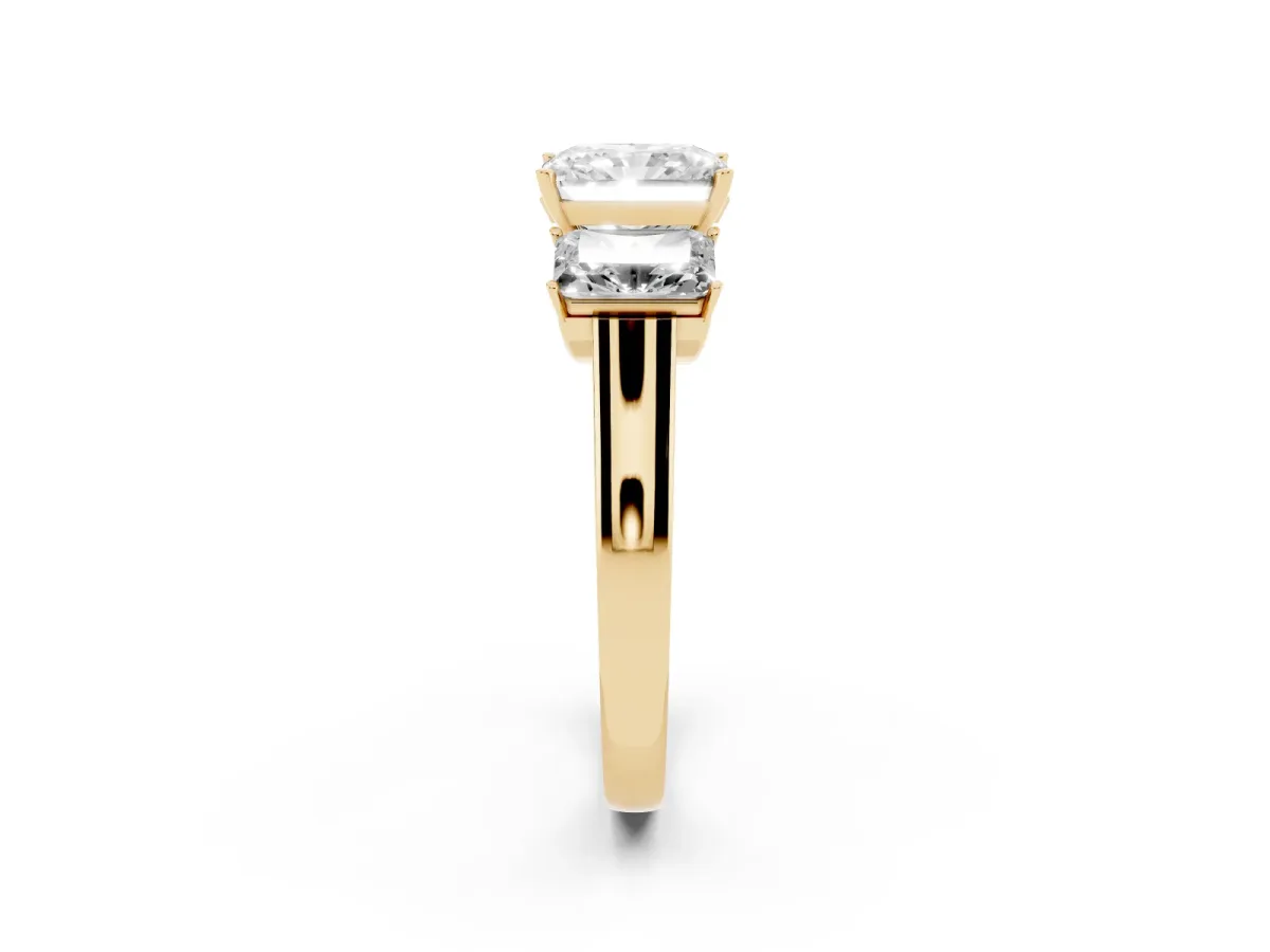 Three-Stone Radiant Cut Brilliant Diamond Trellis Ring with Comfort Fit Band Yellow gold