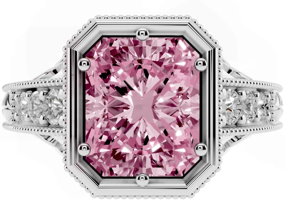 Fancy Pink Bezel Set Radiant Cut Diamond Milgrain Pave Engagement Ring Silver