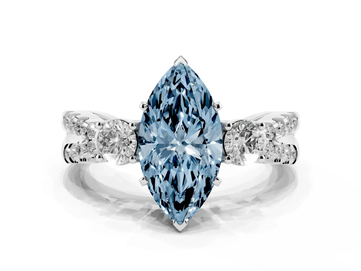 Fancy Blue Marquise Cut Diamond Three-Stone Ring with Pavé Split Shank and Four-Prong Setting White gold