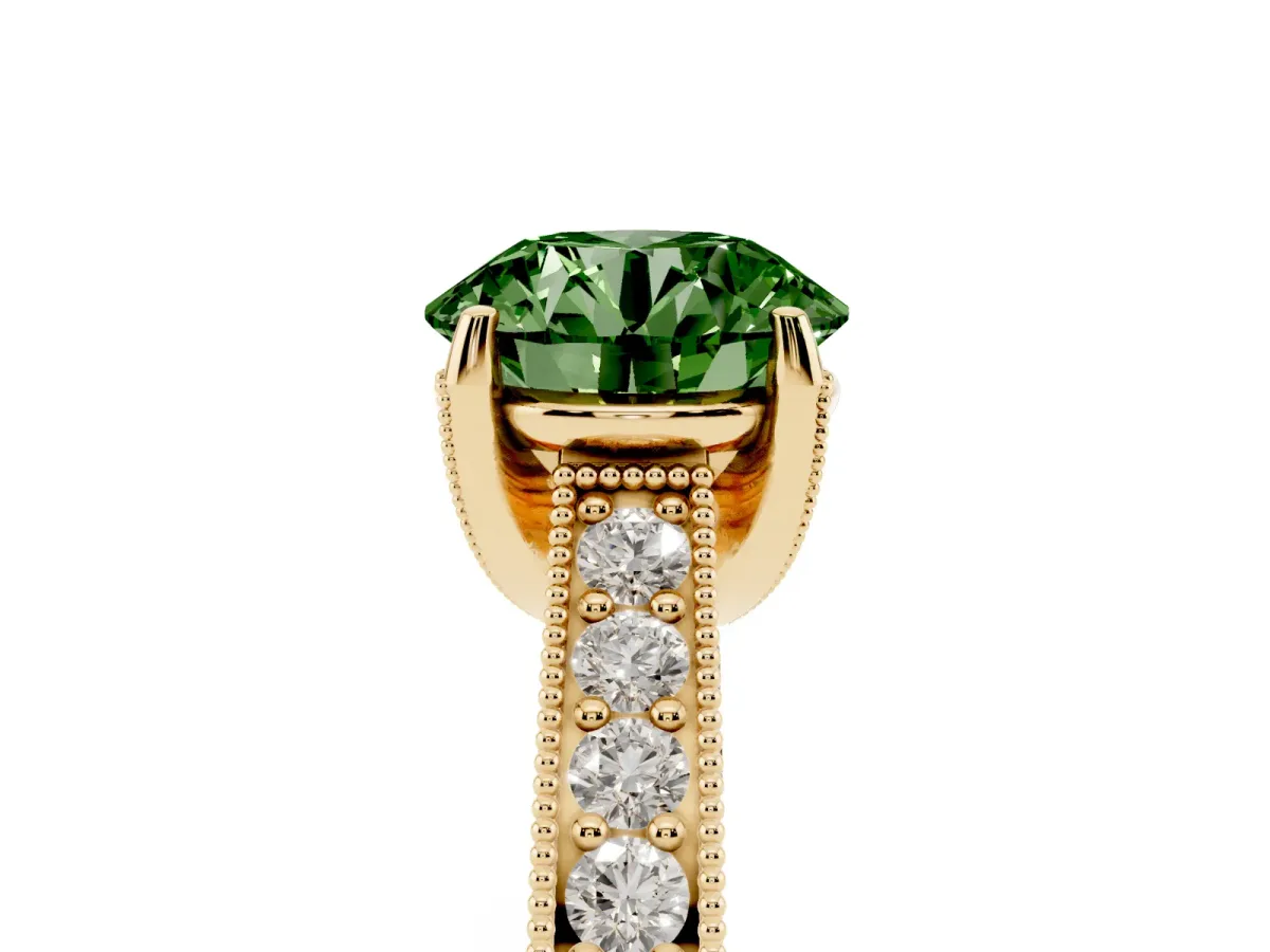 Fancy Green Round Cut Cut Diamond Solitaire Ring with Milgrain Pave Band and Four Prong Setting Yellow gold