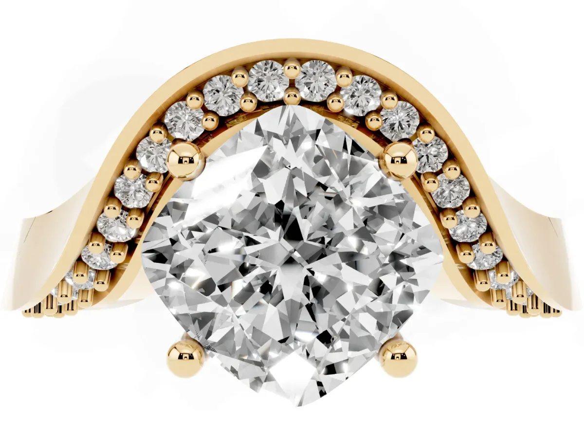 Cushion Cut Solitaire Diamond Engagement Ring with Pave Band and Four-Prong Setting Yellow gold