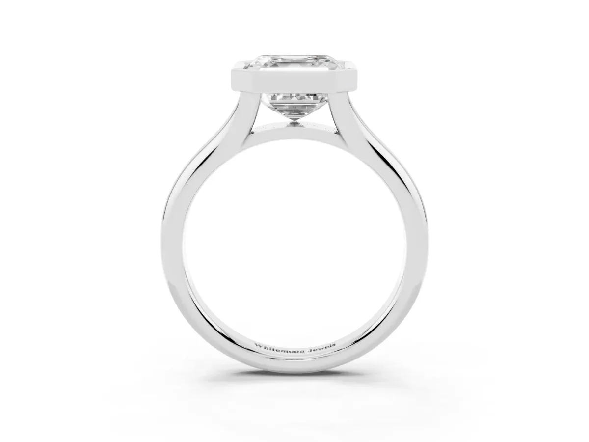 Bezel Set Asscher Cut Solitaire Diamond Ring with Smooth Band White gold