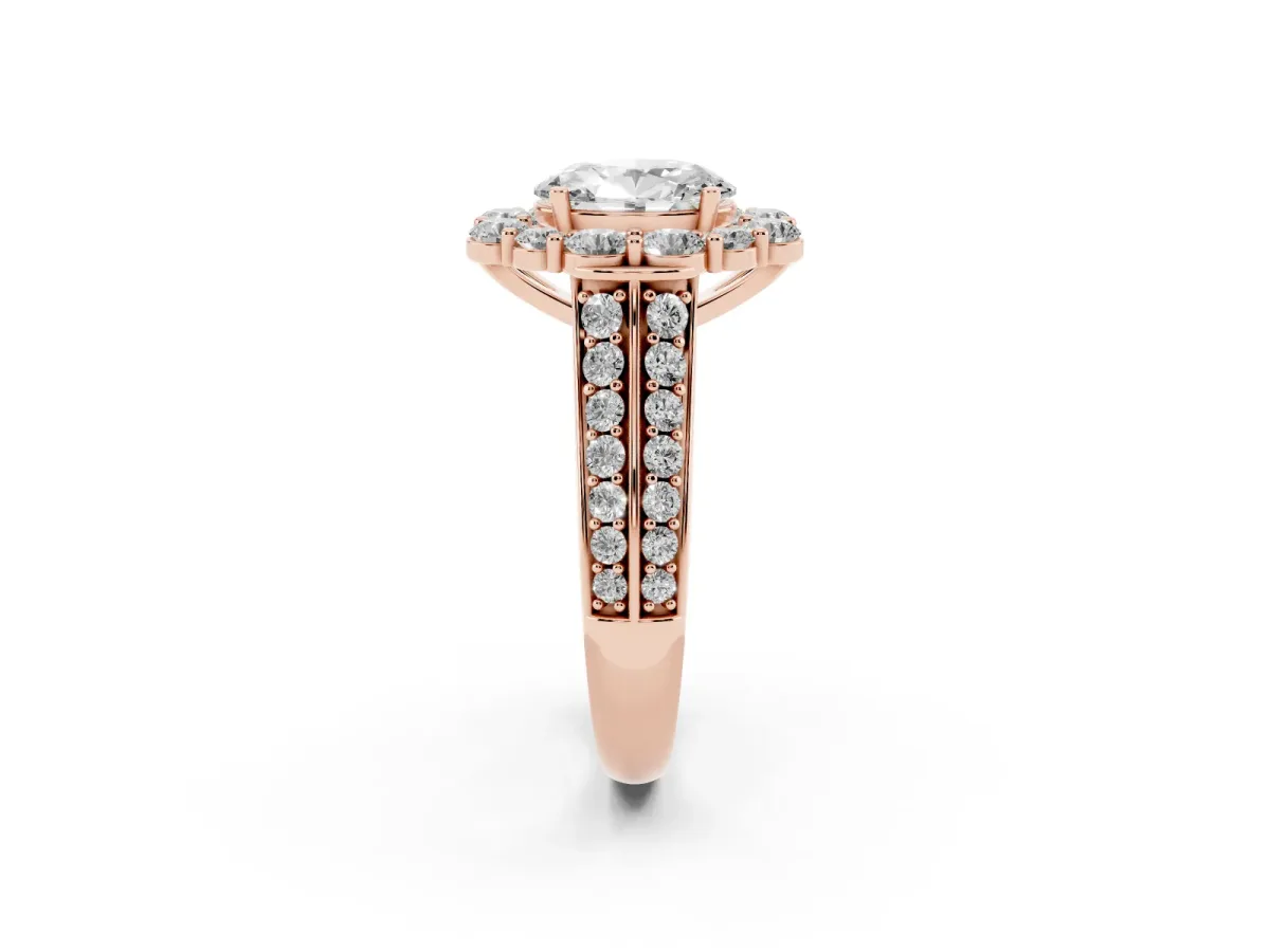 Oval Cut Halo Diamond Engagement Ring with Split Shank and Prong Setting Rose gold