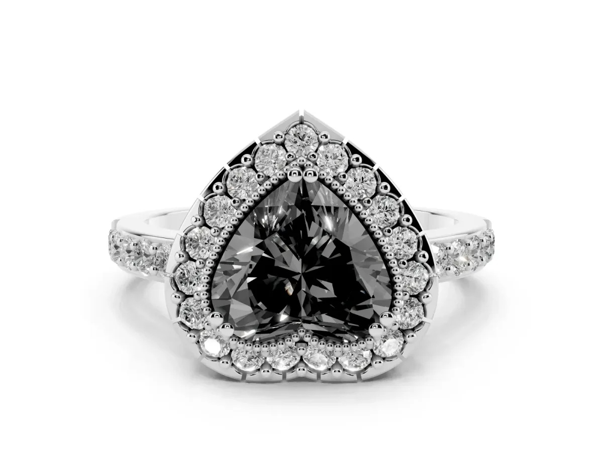 Fancy Black Heart Cut Diamond Halo Ring with Pavé Band and Prong Setting Silver