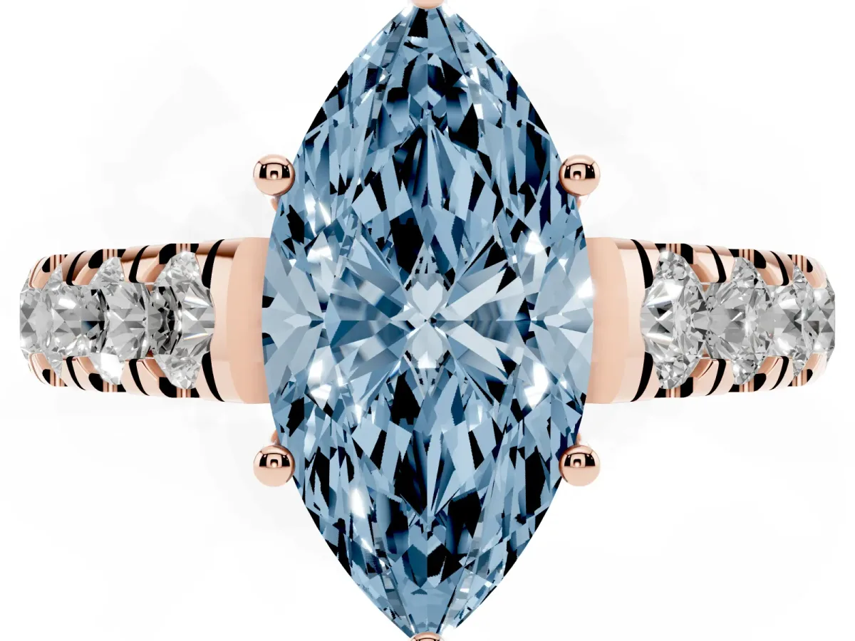 Fancy Blue Marquise Cut Cut Diamond Solitaire Ring with Micro Pave Band and Prong Setting Rose gold