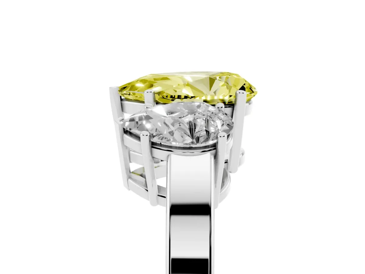 Fancy Yellow Three-Stone Pear Cut Cut Diamond Engagement Ring with Flat Band and Four-Prong Setting Silver
