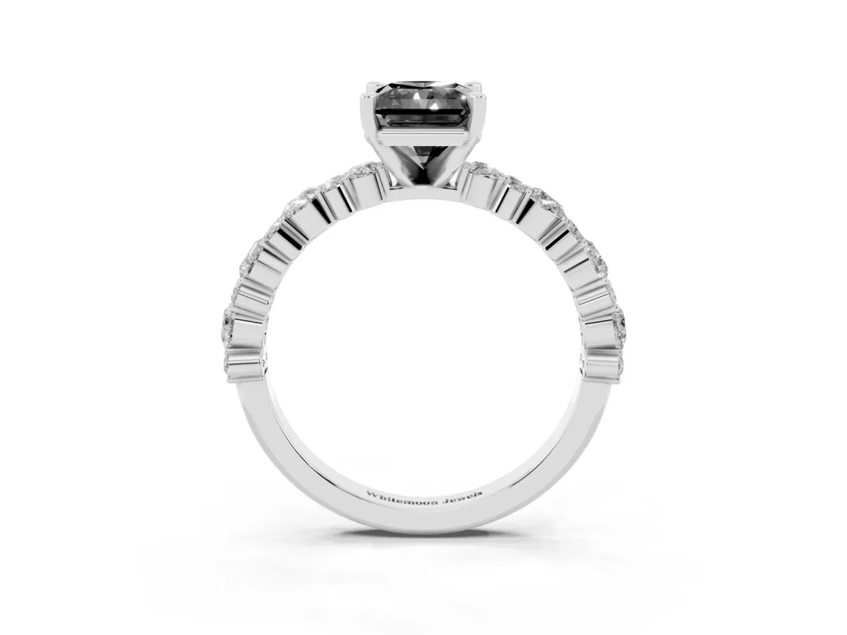 Fancy Black Radiant Cut Diamond Side Stone Solitaire Ring with Round and Four-Prong Setting Platinum