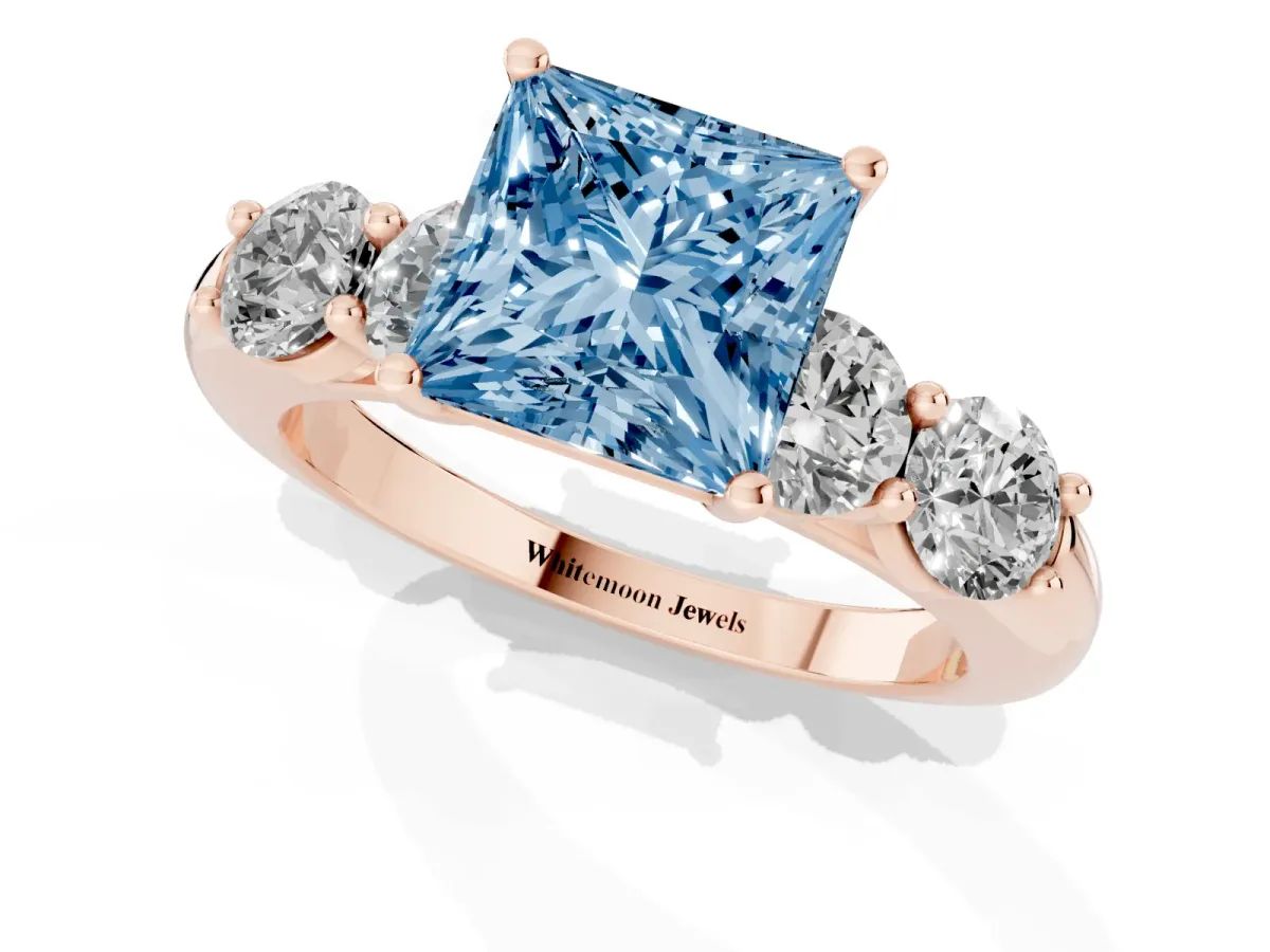Fancy Blue Princess Cut Cut Five-Stone Prong Set Diamond Ring with Classic Band Rose gold