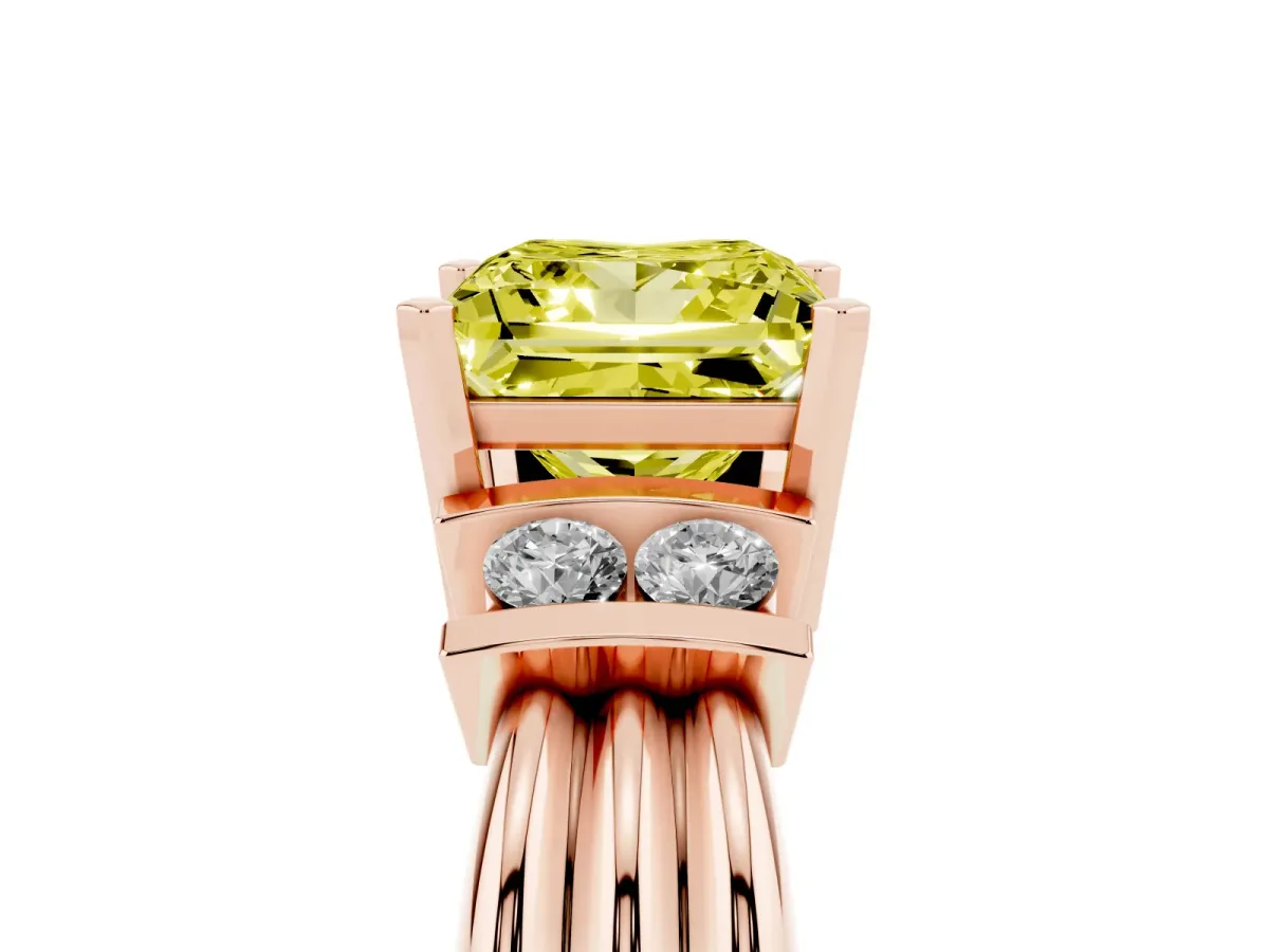Fancy Yellow Princess Cut Cut Three-Stone Channel Set Ring with Bar Prongs Rose gold