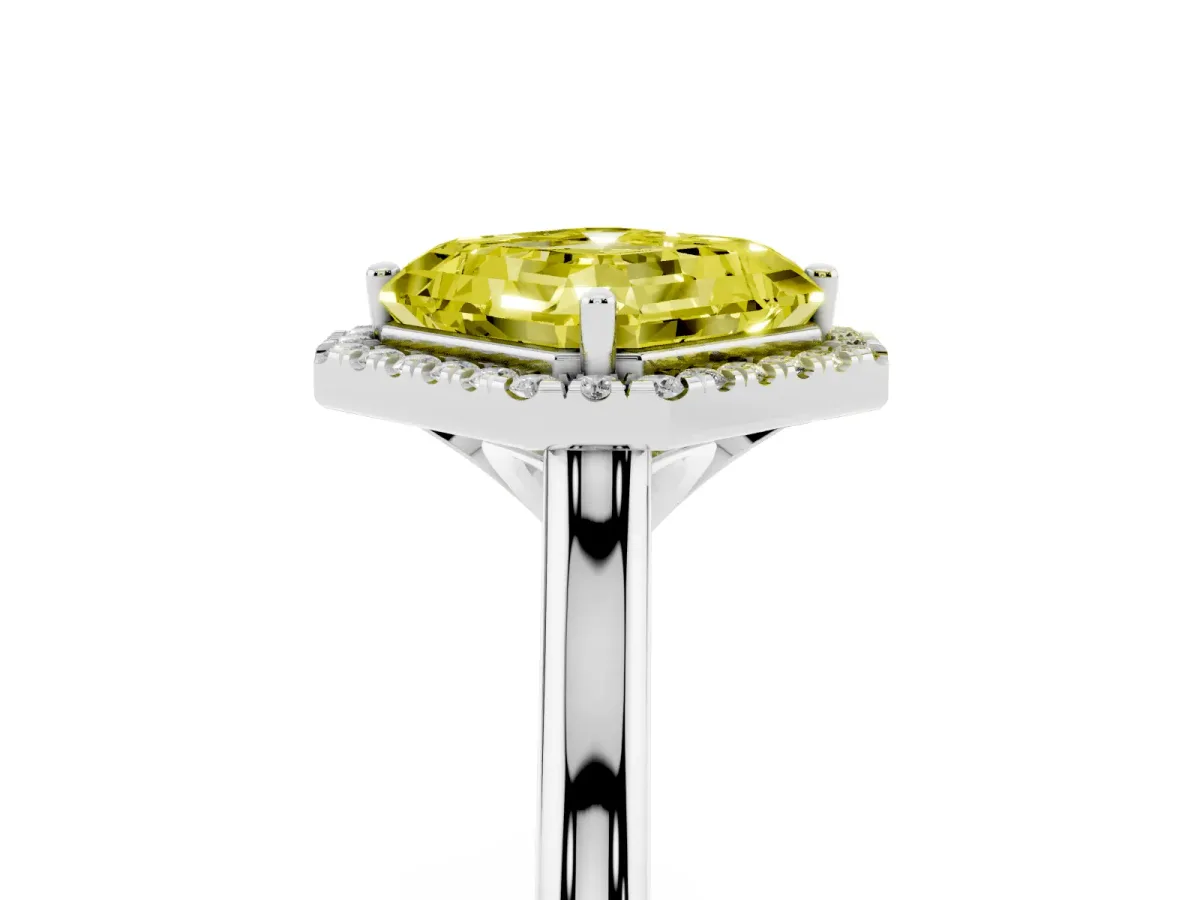 Fancy Yellow Asscher Cut Halo Round Diamond Solitaire Engagement Ring with Pave Band and Four-Prong Setting Silver