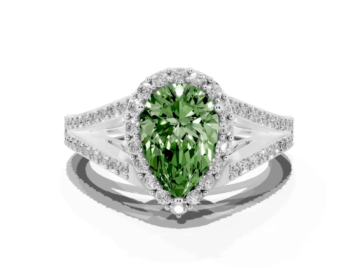 Fancy Green Pear Cut Halo Split Shank Pave Diamond Ring with Four-Prong Setting Platinum